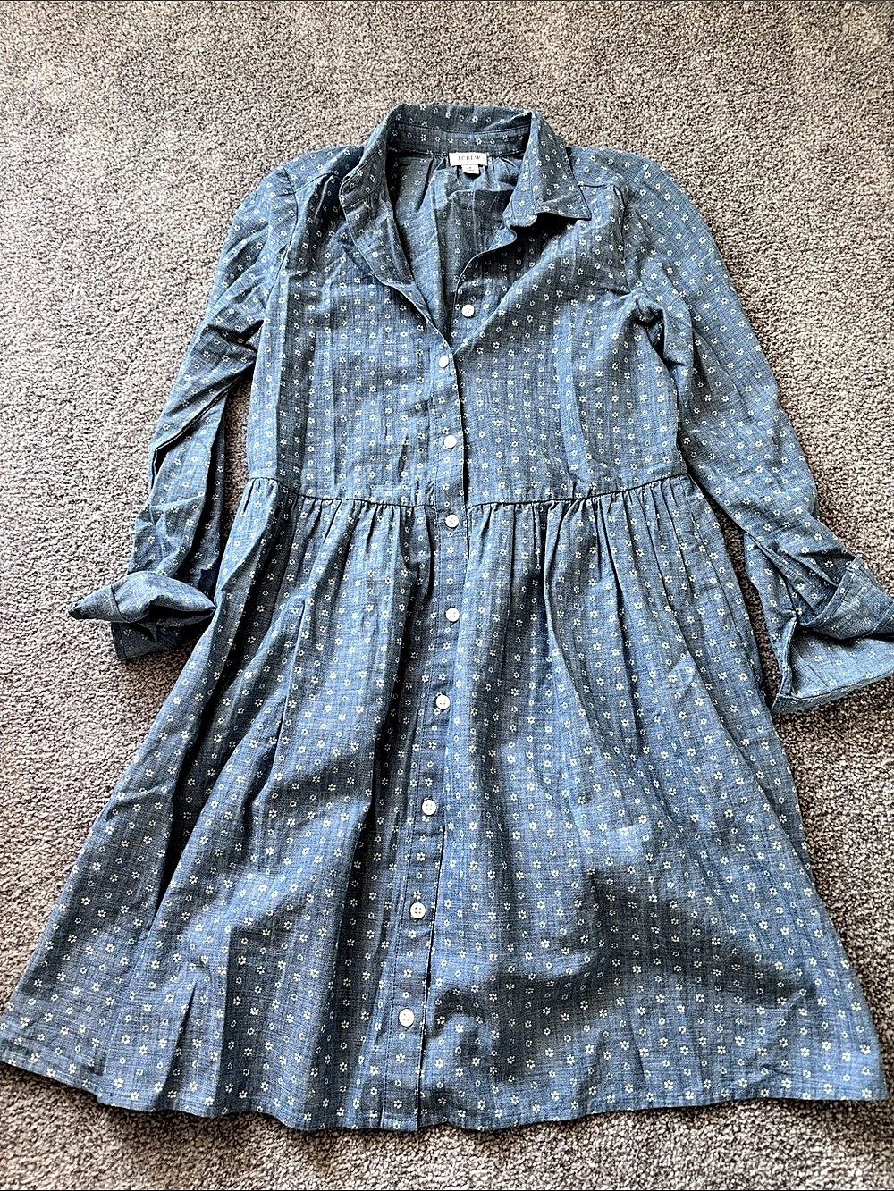 J.Crew Printed Chambray Collared Shirt Dress Blue & White